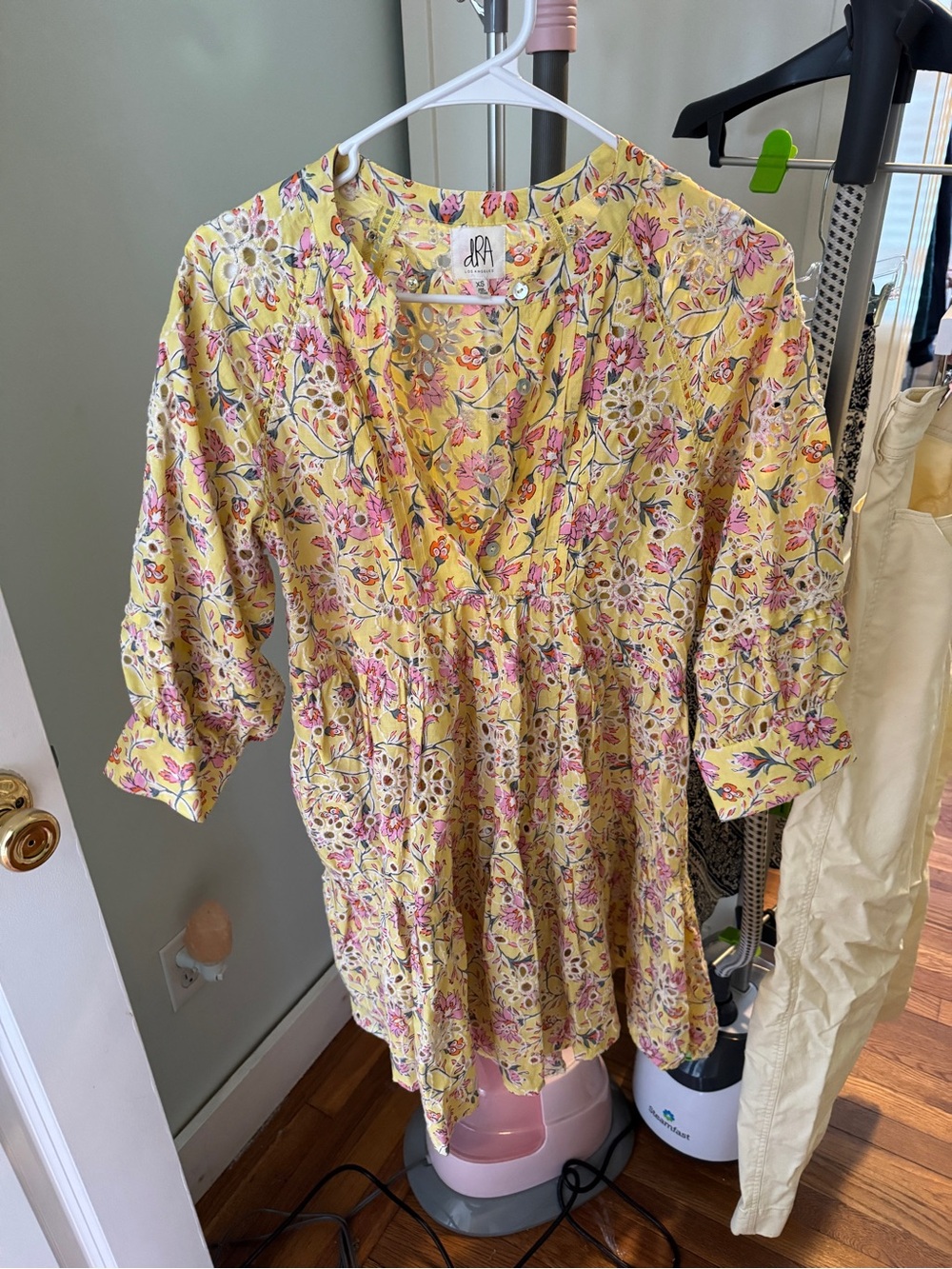 Ya Los Angeles Yellow Floral Long Sleeve Dress with Pink Accents